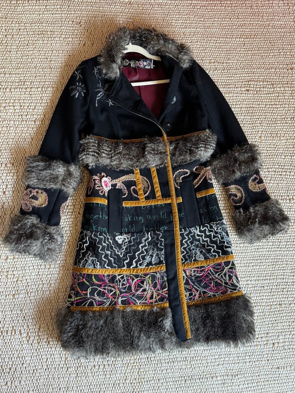 Desigual Boho Embroidered Afghan Penny Lane Style Mixed Media Coat EU 38 S